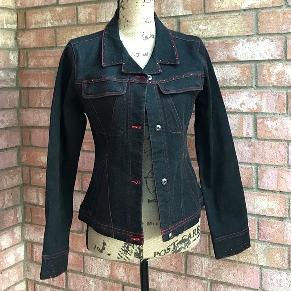 Black Jean Jacket with red jewel & stitching - Picture 5 of 7